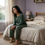 Mulher acordando cansada na cama e refletindo sobre diferentes tipos de descanso