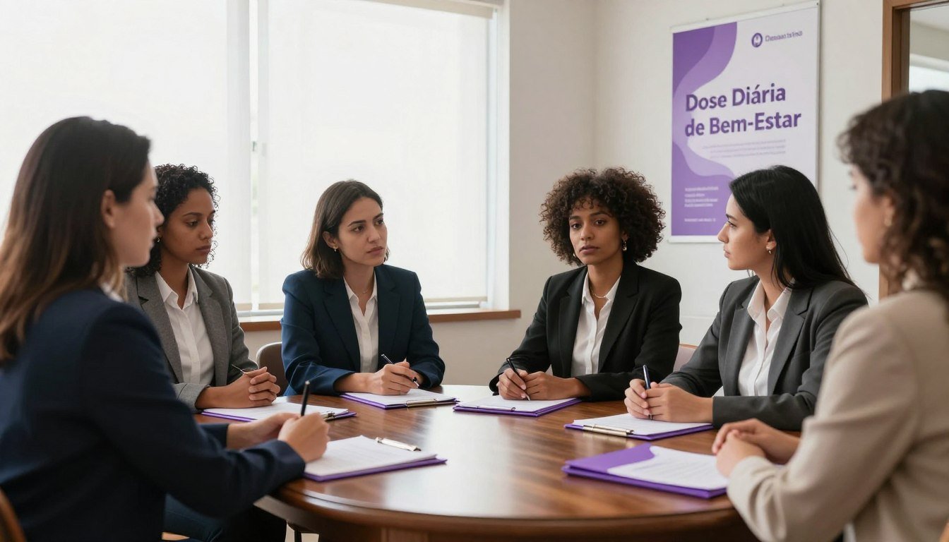 Seis mulheres em reunião de trabalho em torno de uma mesa discutindo protocolos de atendimento e integração de serviços.