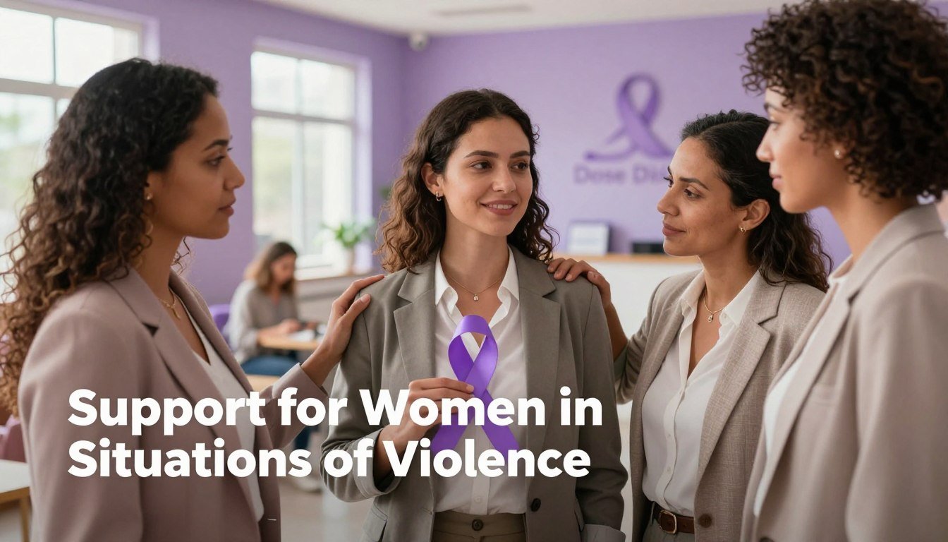 Quatro mulheres em um ambiente acolhedor demonstrando apoio e segurando a fita lilás para uma mulher em situação de violência.