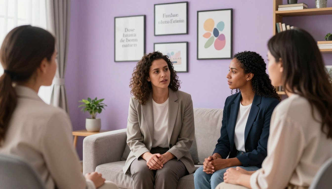 Quatro mulheres sentadas em círculo conversando com atenção e acolhimento em uma sessão de apoio mútuo.