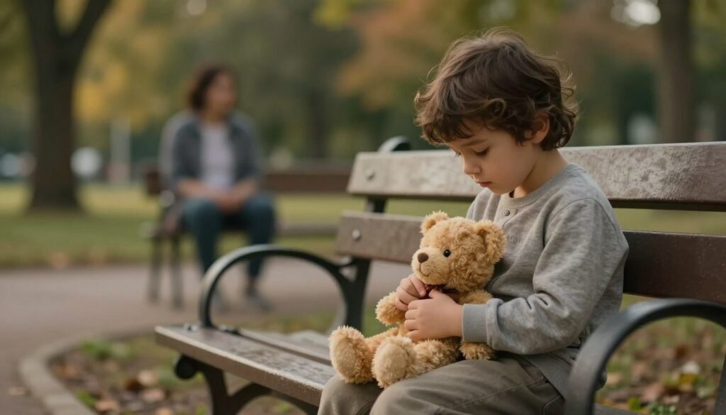 Criança sentada em um banco abraçando um ursinho de pelúcia enquanto um adulto aparece desfocado ao fundo, representando o abandono afetivo infantil e seus impactos emocionais.