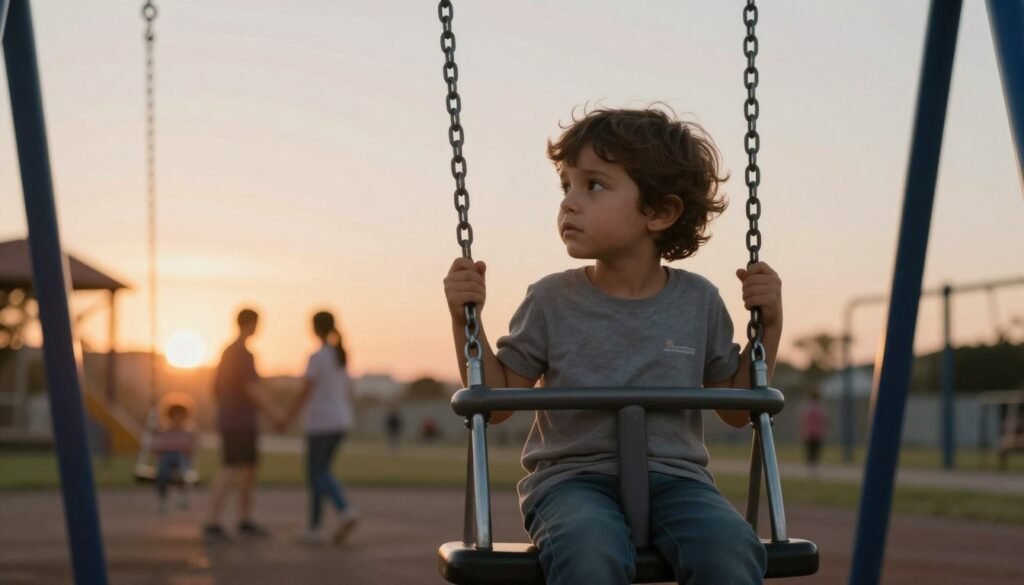 Criança sentada em um balanço ao entardecer, observando ao longe enquanto outras pessoas aparecem desfocadas ao fundo, representando o abandono afetivo na infância e seus impactos emocionais.