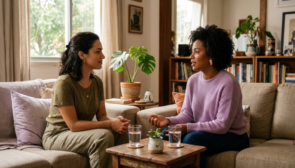Agosto Lilás 2026: Entenda Por Que Este Mês É Importante 4 Duas mulheres adultas conversando com escuta e acolhimento
