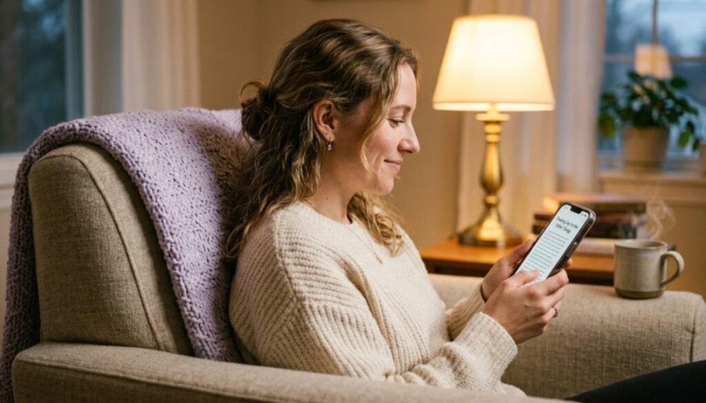 Agosto Lilás 2026: Entenda Por Que Este Mês É Importante 3 Agosto lilás: mulher lendo artigo de apoio no celular em ambiente acolhedor com manta lilás