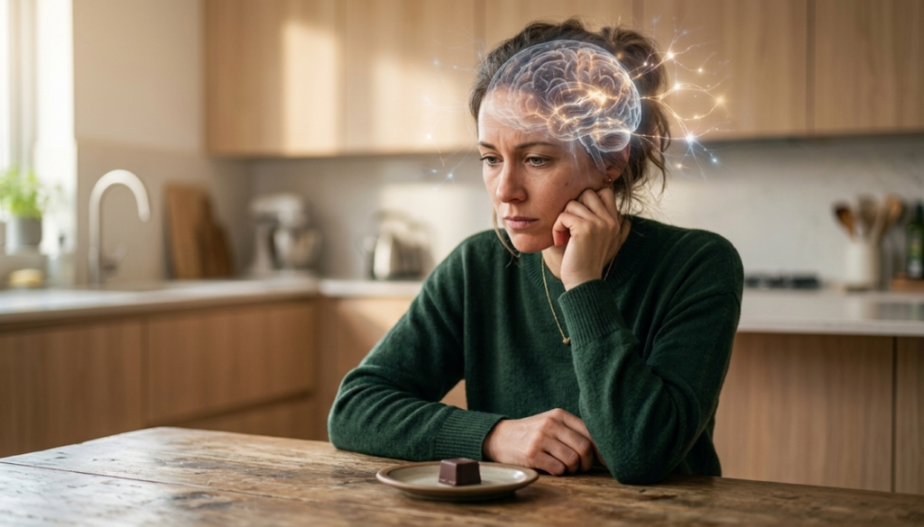 Mulher sentada à mesa observando um pedaço de chocolate, com ilustração do cérebro representando a relação entre ansiedade e alimentação.