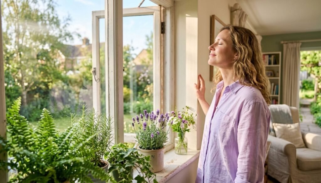 Mulher respirando ar puro em uma janela ensolarada, com plantas e detalhes lilás no ambiente.