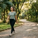 Mulher caminhando em parque durante o fim da tarde para cuidar da ansiedade