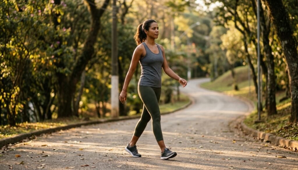 Mulher caminhando atenta ao ambiente, sem usar o celular, durante caminhada leve