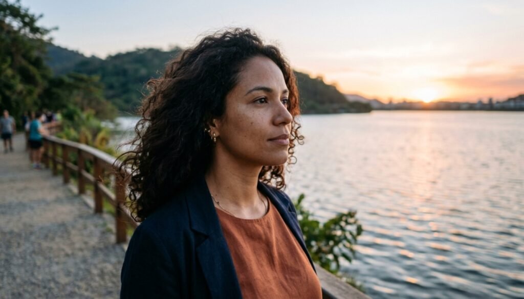 Mulher fazendo pausa durante caminhada perto de um lago e observando o horizonte