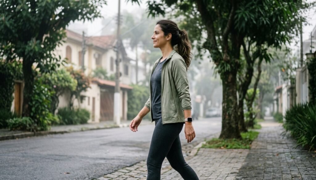 Mulher caminhando lentamente em rua residencial arborizada durante a manhã