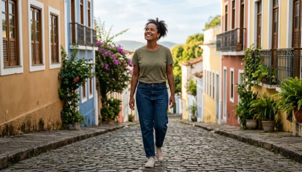 Mulher caminhando em ritmo tranquilo em rua de bairro durante a manhã