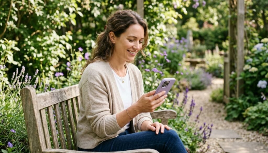 Mulher segurando um celular com tranquilidade, simbolizando o acesso a canais oficiais de ajuda e orientação
