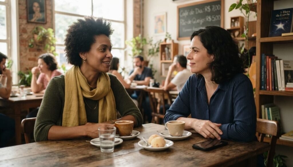 Duas pessoas conversando presencialmente enquanto um celular permanece sobre a mesa