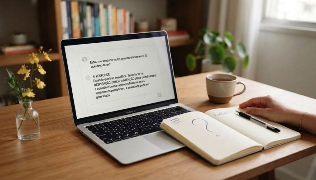 Chatbots de IA em saúde mental exibidos em um notebook ao lado de um caderno com sinal de dúvida