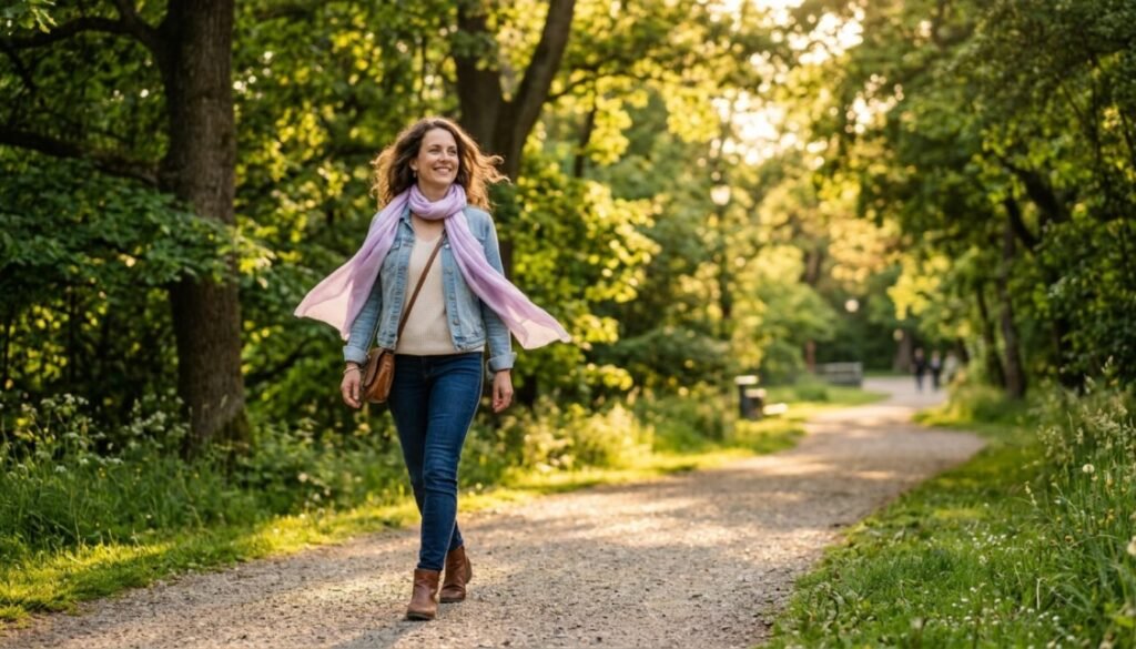 Como Colocar Limites e Se Reconstruir: 7 Passos Após Relação Difícil 4 Colocar limites: mulher caminhando confiante em parque ao ar livre com lenço lilás