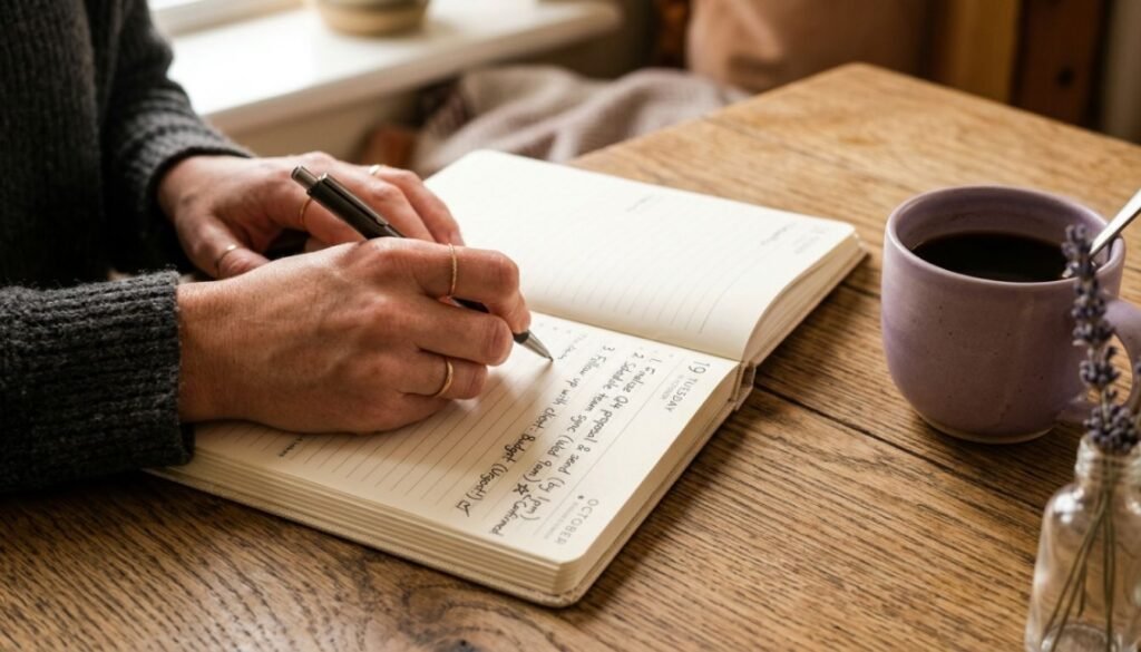 Como Colocar Limites e Se Reconstruir: 7 Passos Após Relação Difícil 3 Close-up nas mãos de uma mulher escrevendo frases assertivas de limites em um caderno