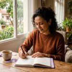 Mulher adulta refletindo e escrevendo em um caderno sobre como colocar limites e retomar a própria vida