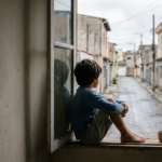 Criança sentada no parapeito da janela olhando a rua vazia, representando o abandono afetivo do pai ausente