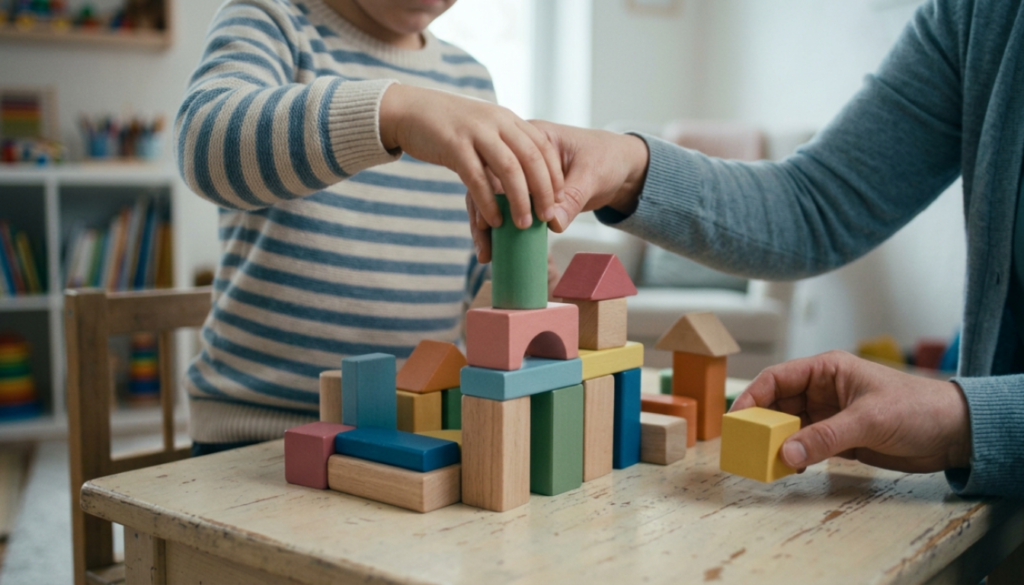 Criança brincando com blocos coloridos durante sessão de terapia infantil para tratamento de ansiedade