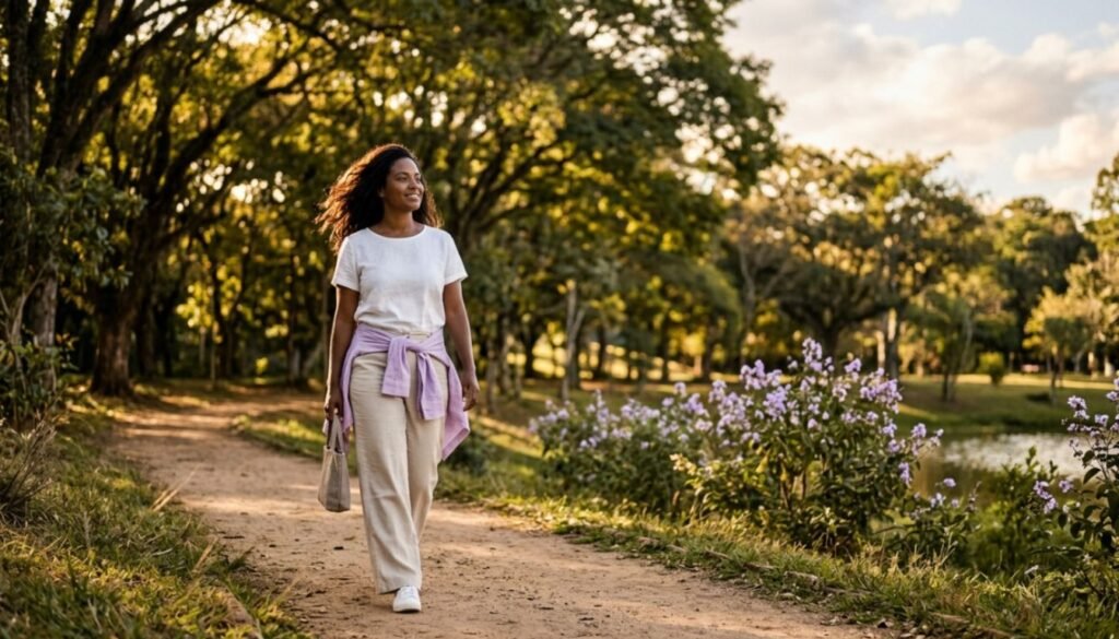 Dependência emocional e autonomia retratadas por mulher caminhando sozinha no parque