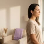 Dependência emocional representada por mulher pensativa diante da janela em apartamento acolhedor