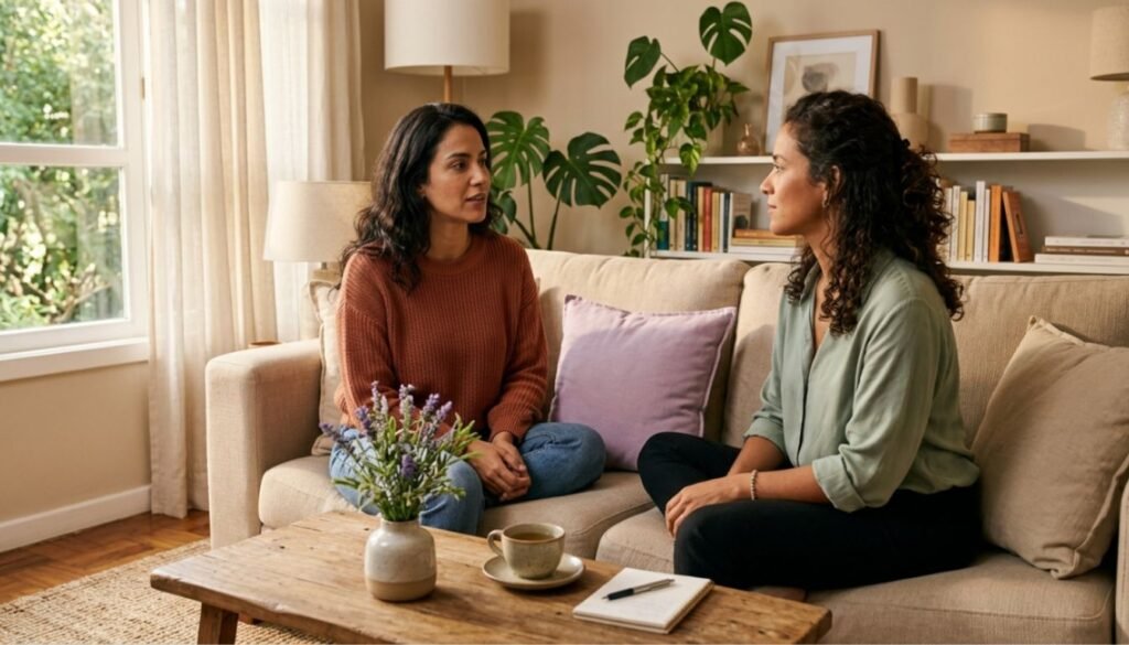 Dependência emocional abordada em conversa acolhedora entre duas mulheres adultas
