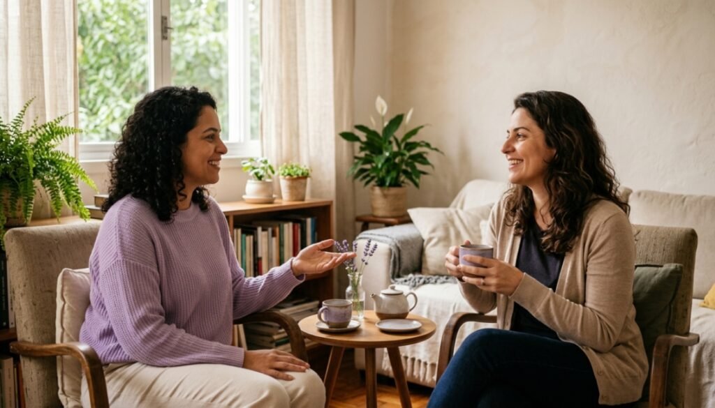 : Duas mulheres adultas conversando em ambiente acolhedor com escuta e confiança