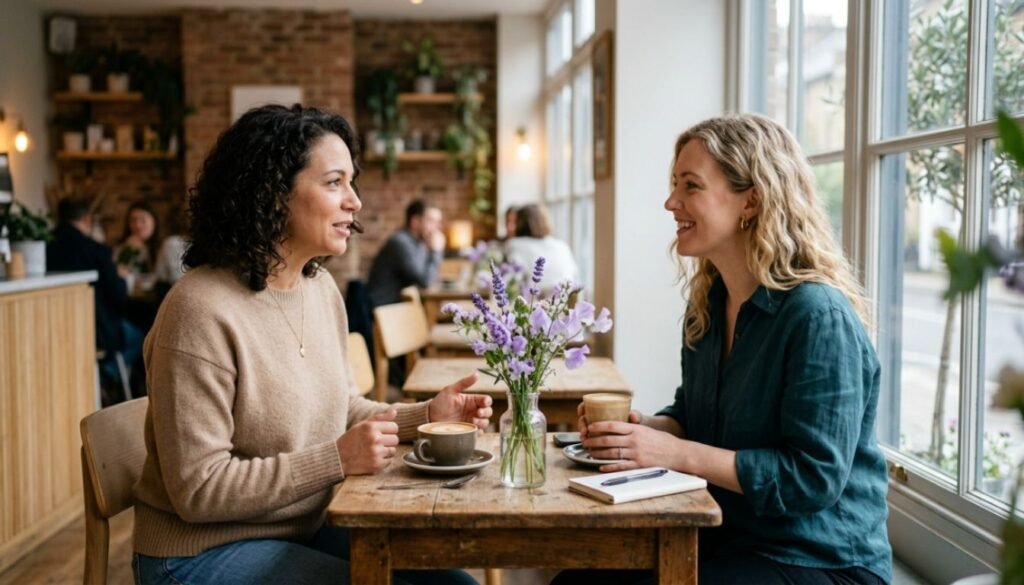 Como Colocar Limites e Se Reconstruir: 7 Passos Após Relação Difícil 5 Duas mulheres conversando de forma calma e respeitosa em uma mesa de café com flores lilás