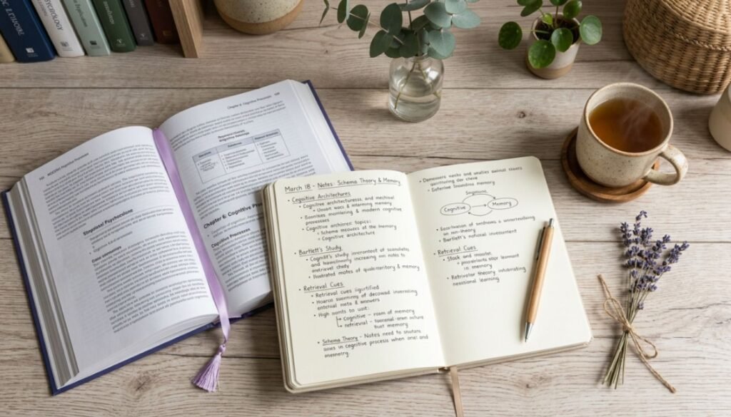  Mesa organizada com livros sobre psicologia, xícara de chá e bloco de notas com diretrizes de bem-estar.