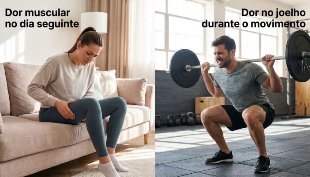 contraste entre sensibilidade muscular tardia na coxa e dor localizada no joelho durante o agachamento
