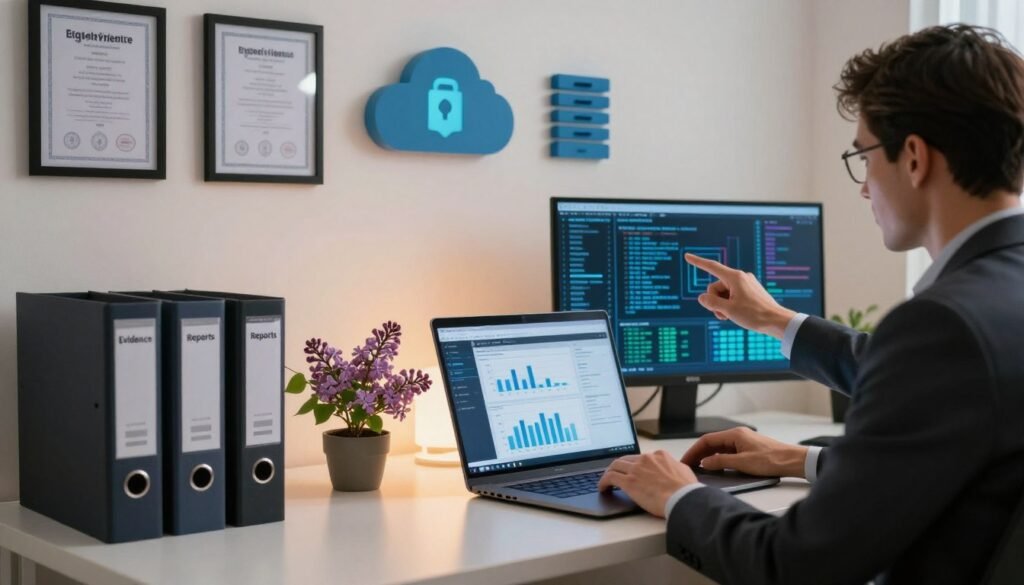 7 Formas Seguras de Guardar Provas de Violência Digital 6 Provas de violência digital sendo examinadas em múltiplos monitores com gráficos de dados e pen drives sobre uma mesa de escritório forense.