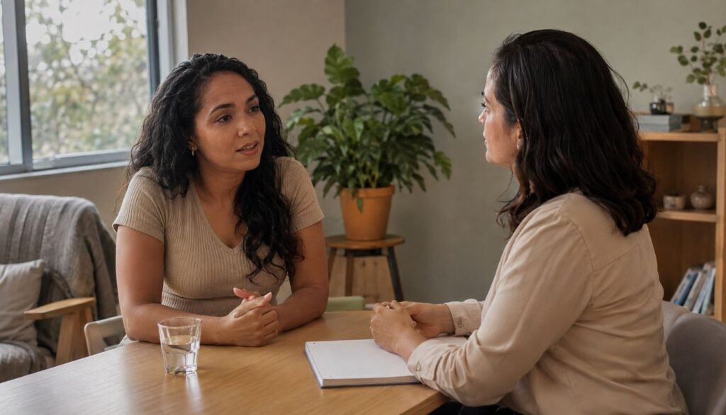 Gaslighting: 7 sinais de que você duvida de si 5 Gaslighting leva uma mulher a buscar orientação em um ambiente acolhedor para recuperar clareza e autonomia.