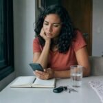 Gaslighting aparece na dúvida de uma mulher ao comparar mensagens e anotações após uma conversa confusa.