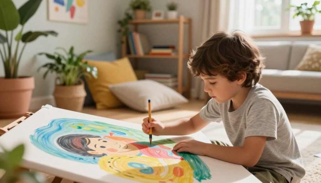 Criança desenhando em casa durante uma atividade criativa que estimula a inteligência emocional, a resiliência e o desenvolvimento saudável na infância.