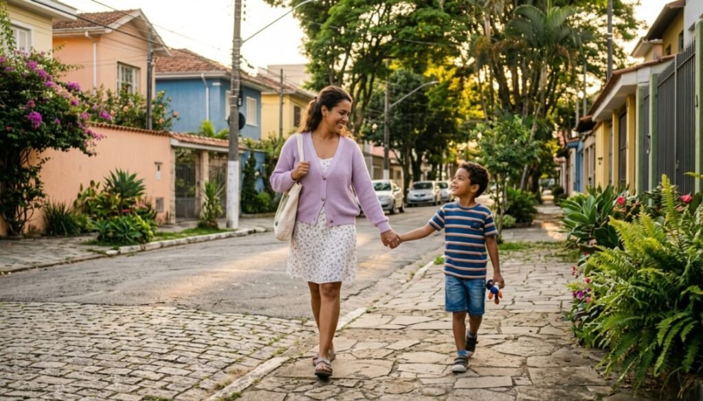  Mãe solo caminhando de mãos dadas com o filho pequeno em uma rua tranquila no fim de tarde.