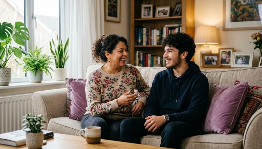 Mãe e filho jovem adulto conversando amigavelmente na sala de estar, rindo juntos.
