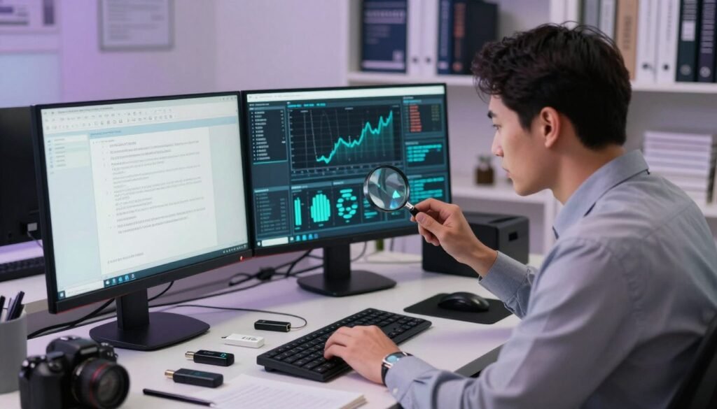 7 Formas Seguras de Guardar Provas de Violência Digital 5 Provas de violência digital sendo examinadas por um perito segurando uma lupa em frente a múltiplos monitores com gráficos de dados e pen drives sobre a mesa.