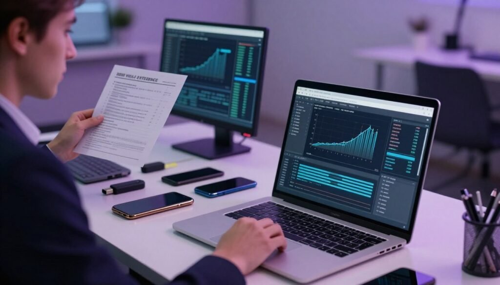 7 Formas Seguras de Guardar Provas de Violência Digital 4 Provas de violência digital sendo analisadas em telas de computadores e smartphones com gráficos de dados e inteligência artificial.