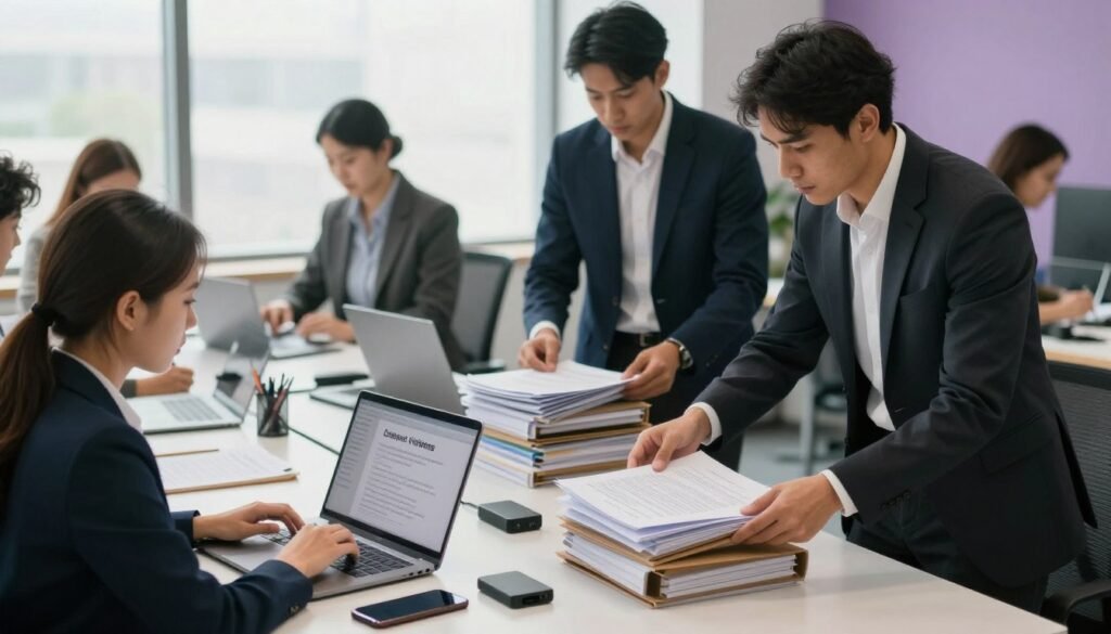 7 Formas Seguras de Guardar Provas de Violência Digital 2 Profissionais em escritório analisando documentos impressos e relatórios para organizar provas de violência digital