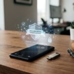 Provas de violência digital representadas por smartphone sobre mesa ao lado de pendrive e ícones de proteção e segurança de dados.
