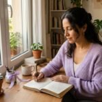 Saúde mental e abuso: mulher em ambiente sereno anotando reflexões em um caderno sobre acolhimento emocional.
