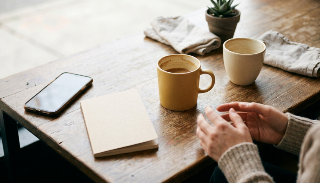 Setembro Amarelo e a dor silenciosa: 7 formas de acolher 3 Celular deixado de lado durante uma conversa presencial, com caneca amarela integrada naturalmente à mesa.