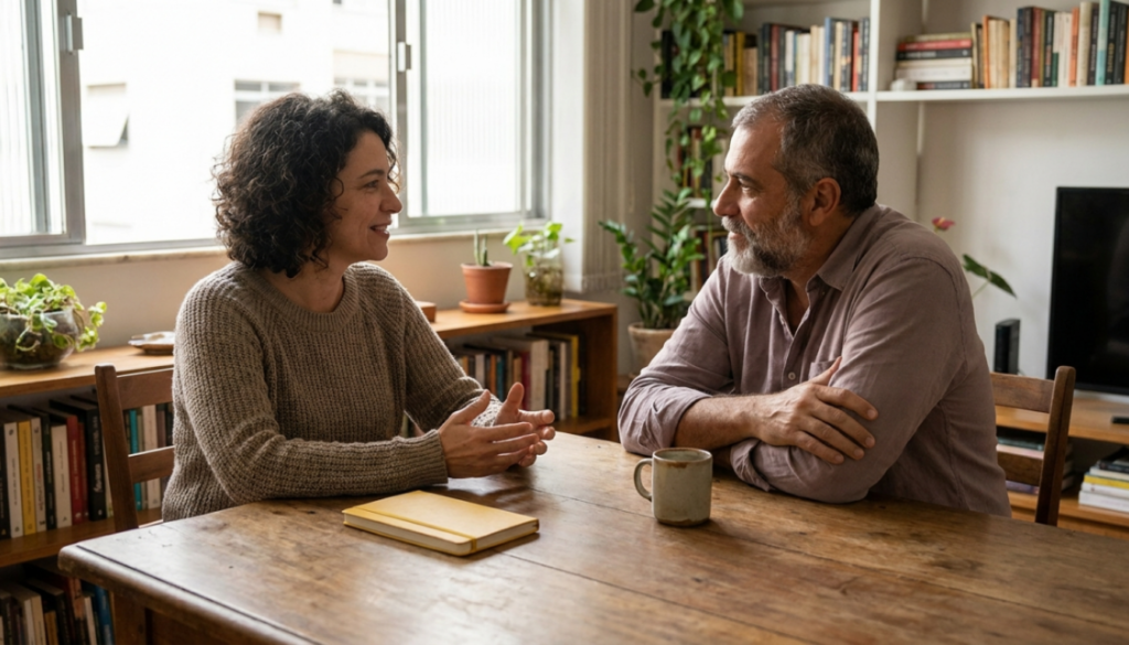 Setembro Amarelo e a dor silenciosa: 7 formas de acolher 2 Setembro Amarelo e a dor silenciosa em conversa acolhedora entre duas pessoas adultas, com caderno amarelo sobre a mesa.
