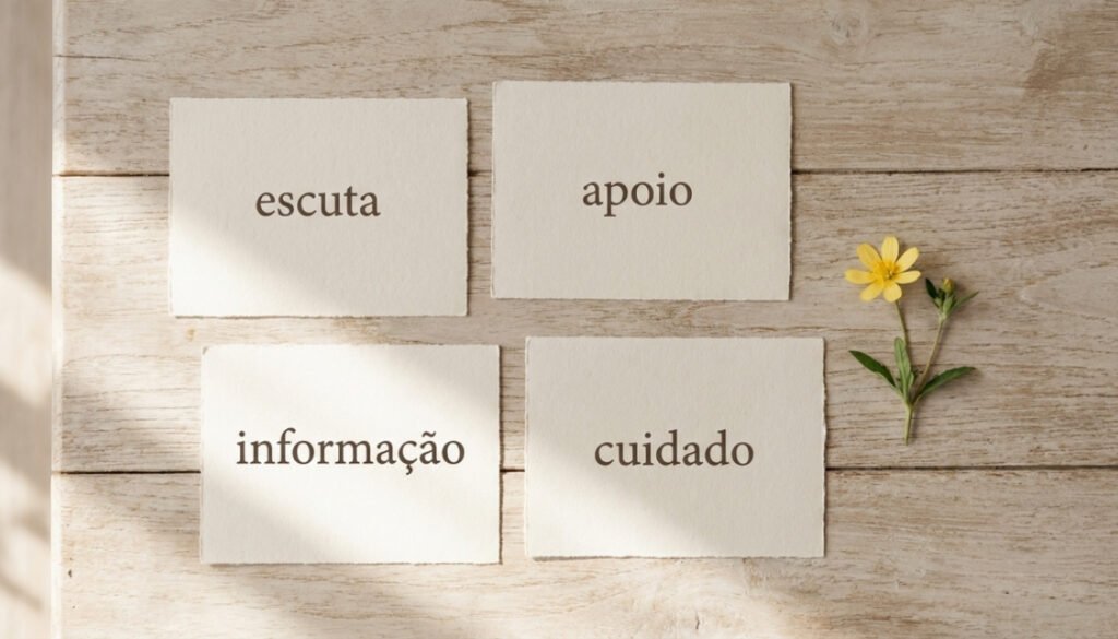 Setembro Amarelo e a dor silenciosa: 7 formas de acolher 5 Quatro cartões sobre uma mesa representam escuta, apoio, informação e cuidado ao lado de uma pequena flor amarela.