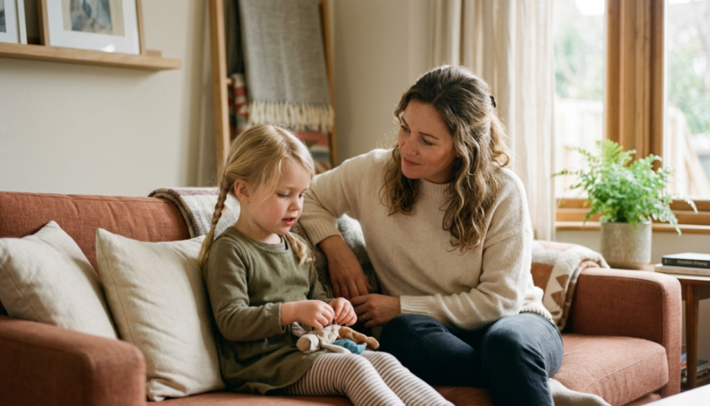 Mãe conversando de igual para igual com filha pequena sentada no sofá, observando sinais de ansiedade infantil