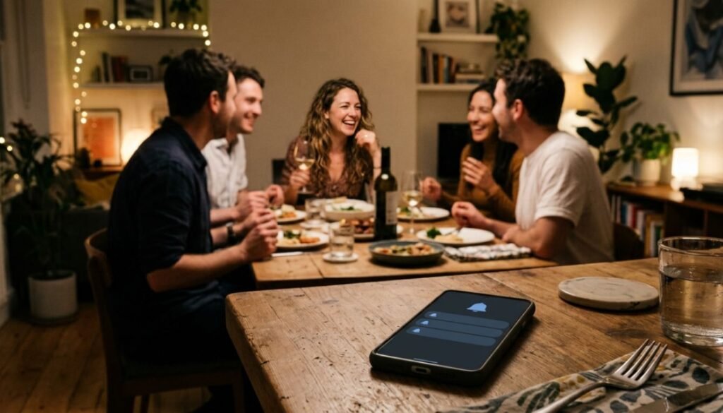 Celular com várias notificações enquanto uma pessoa participa de um encontro social