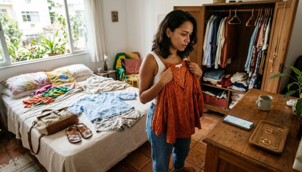 Sinais de abuso emocional aparecem quando uma mulher muda sua escolha de roupa após receber cobranças pelo celular.