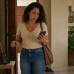 Sinais de abuso emocional aparecem em uma mulher hesitando antes de responder a mensagens controladoras no celular.
