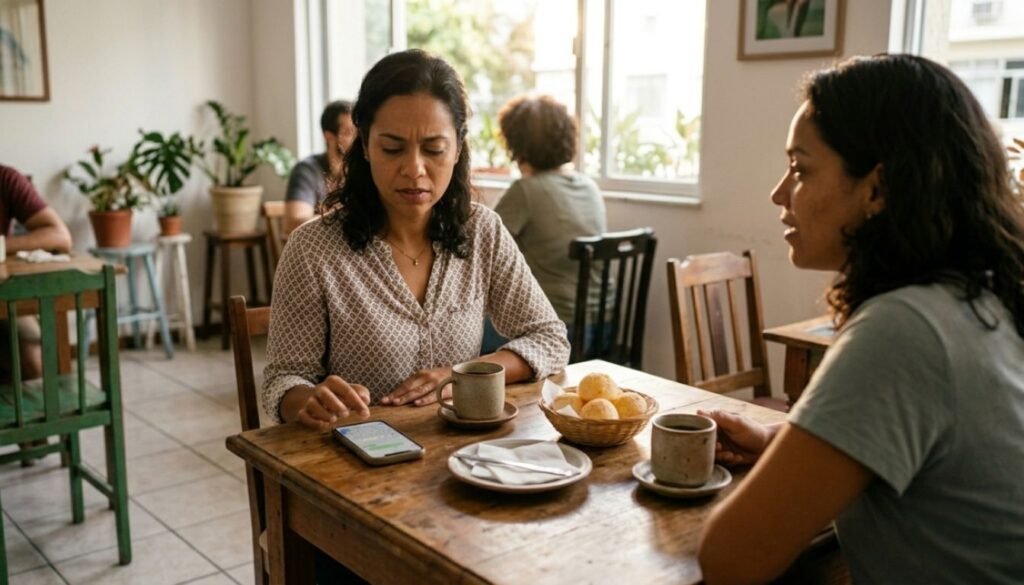 Sinais de abuso emocional aparecem quando notificações constantes interrompem um encontro tranquilo entre amigas.