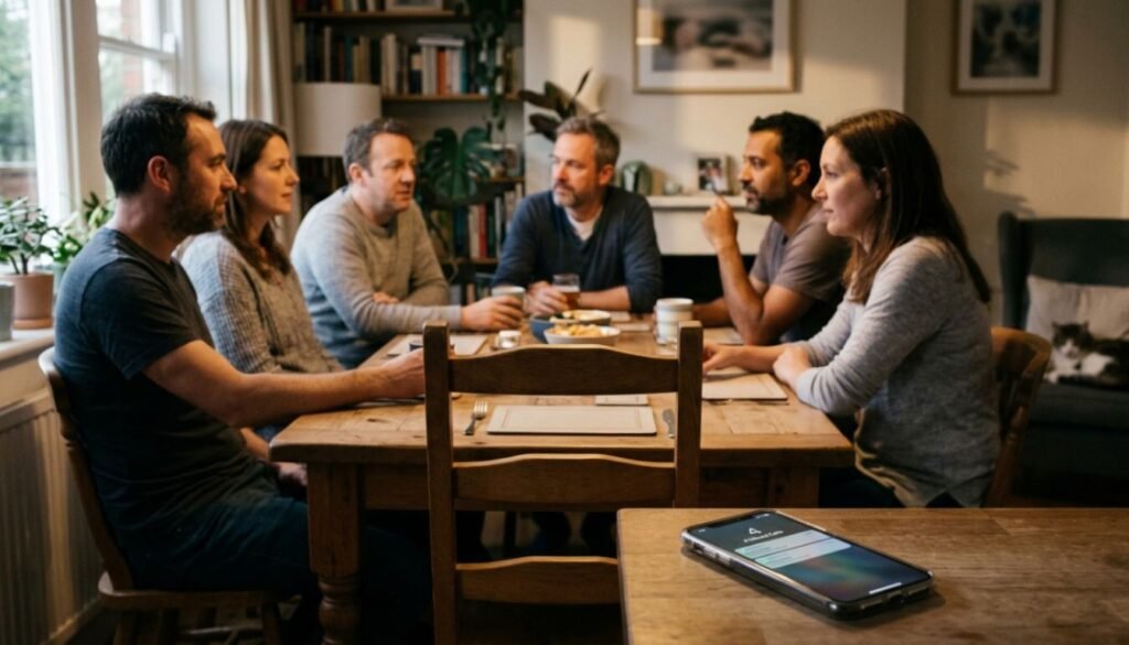 Cadeira vazia em encontro entre amigos com celular mostrando chamadas não atendidas em primeiro plano